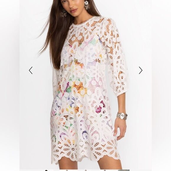 NWT Johnny Was Lisette Lace White Lace Mini Dress with Multicolor Lining size XS - Picture 2 of 12